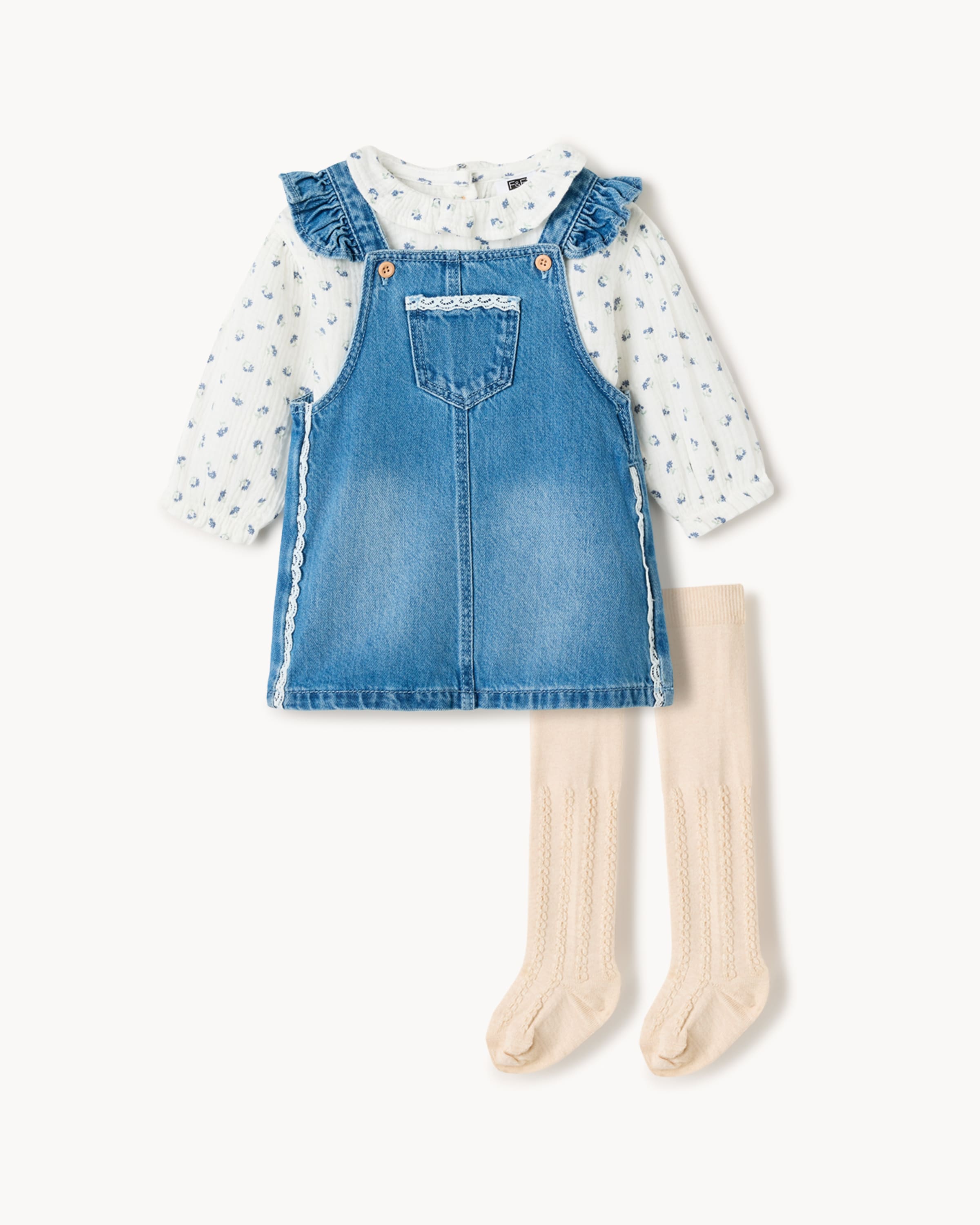 F&F Baby Denim Pinny, Bodysuit and Tights Set in Blue