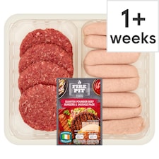 Tesco Fire Pit Quarter Pounder Beef Burgers And Sausages Pack 908G