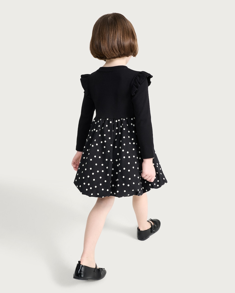 image 1 of F&F Girls Cotton Rich Polka Dot Long Sleeved Dress in Multi Black White