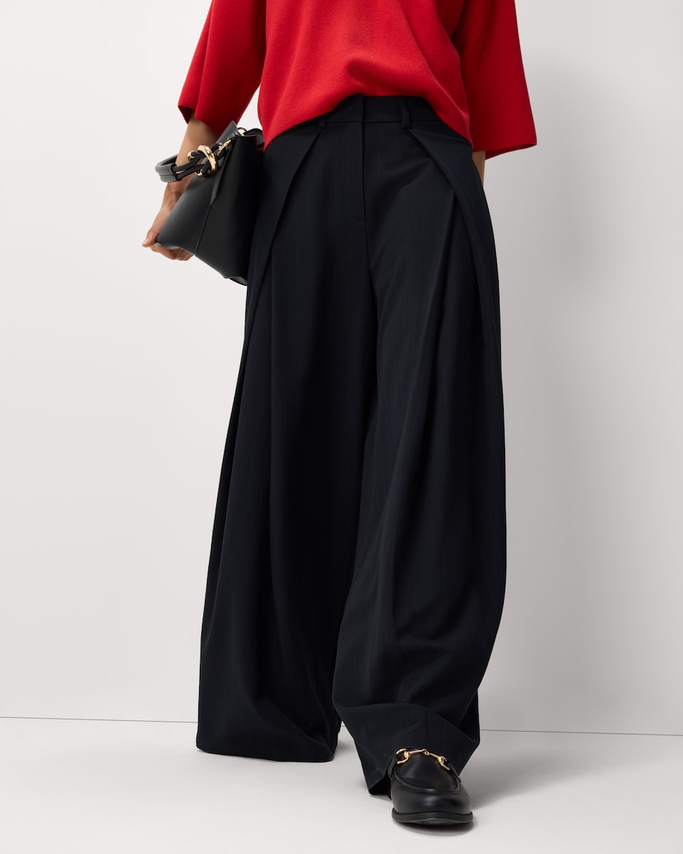 image 1 of F&F Wrap Front Pinstripe Wide Leg Trousers in Navy