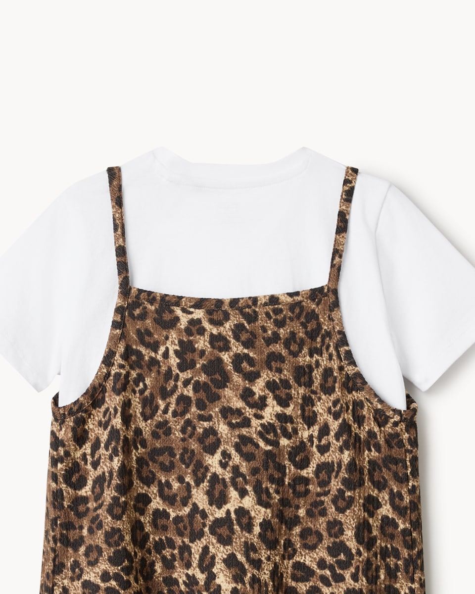 image 1 of F&F Girls 2-Piece Leopard Print Dress and T-Shirt Set in Multi Brown