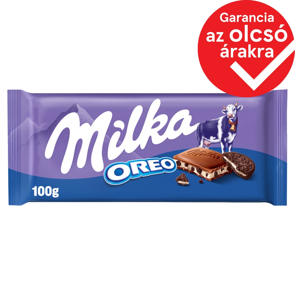Milka Oreo Alpesi Tejcsokoládé Kakaós Kekszdarabokkal és Vaníliaízű Tejes Krémtöltelékkel 100 G