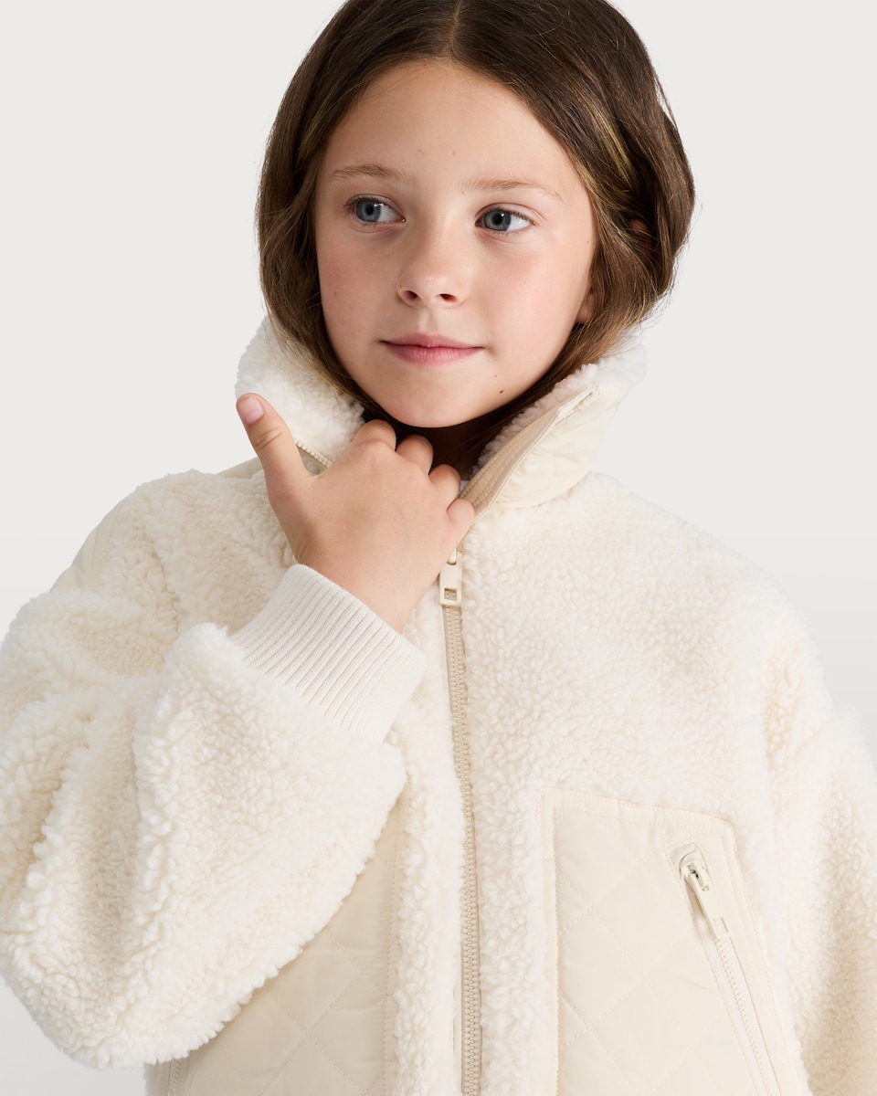 image 1 of F&F Girls Borg Quilted Zip Pocket Jacket in Cream
