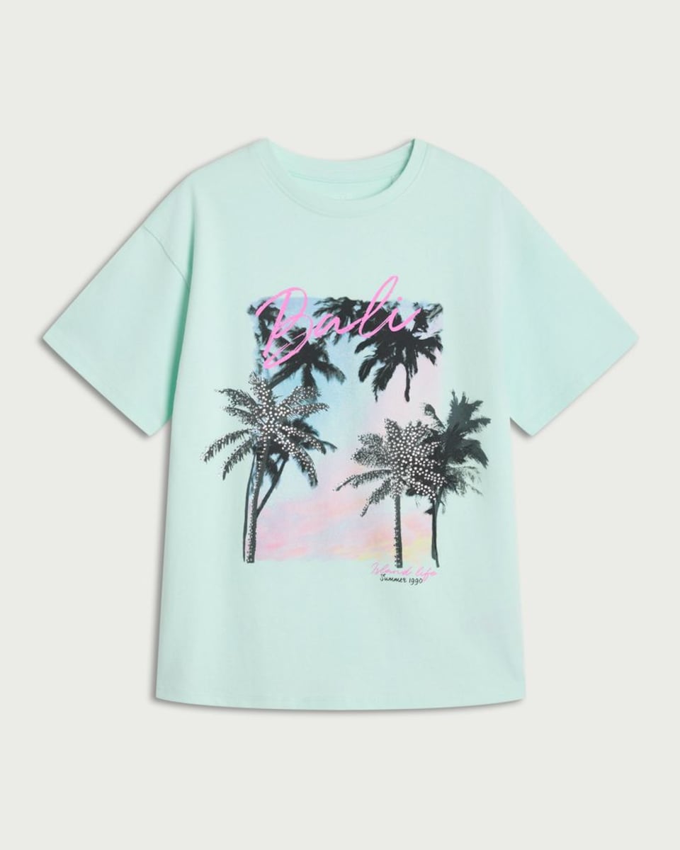 image 1 of F&F Girls Pure Cotton Bali Print T-Shirt in Green