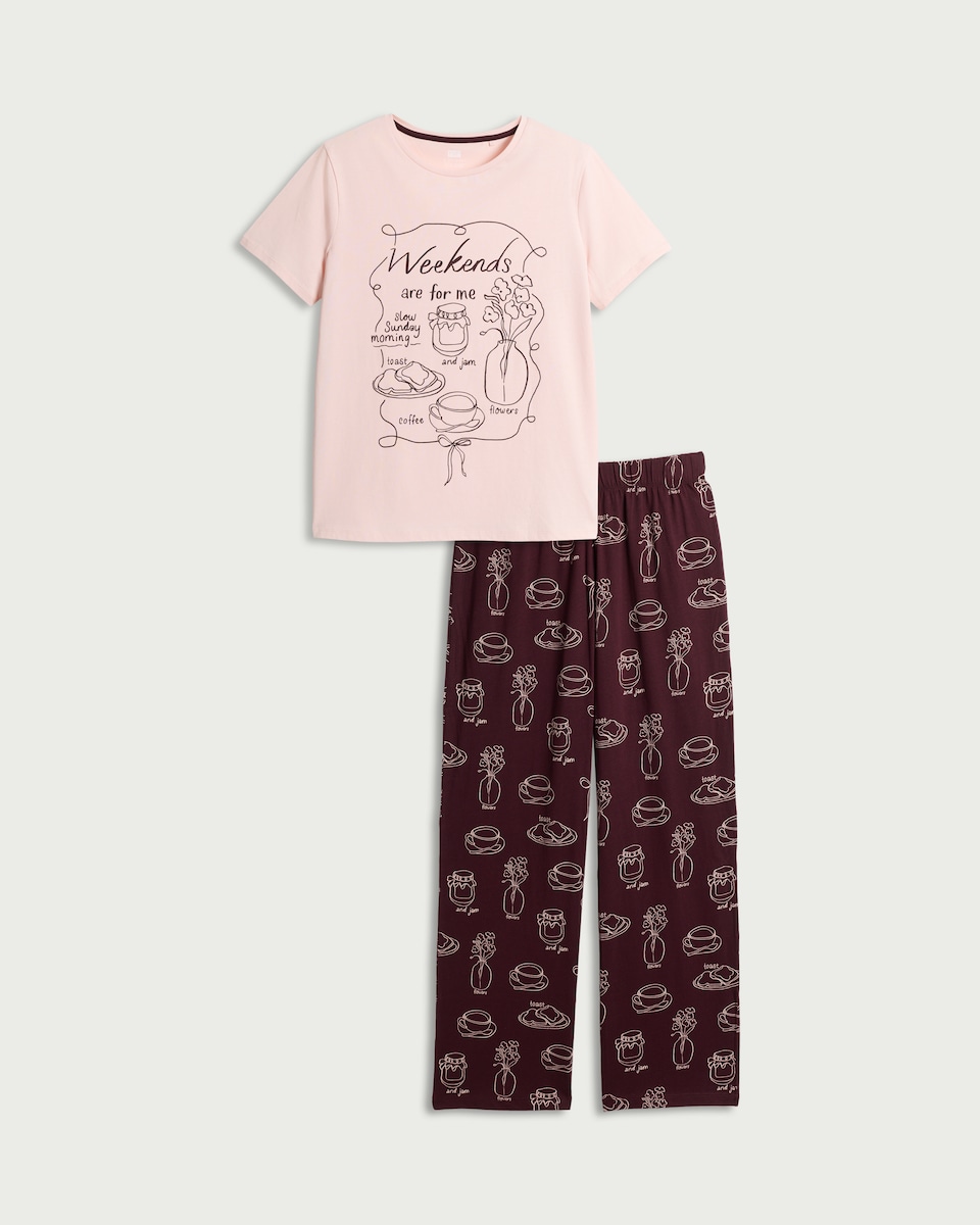 image 1 of F&F Pure Cotton Weekend Print Pyjama Set in Multi Purple
