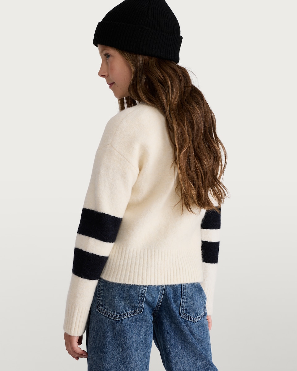 image 1 of F&F Girls 1980 Striped Sleeve Jumper with Wool in Cream