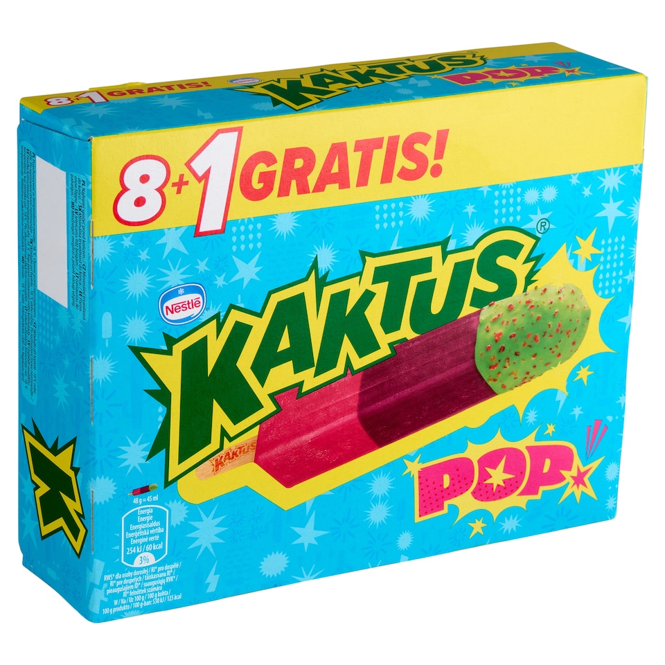 Kaktus Pop málnaízű és áfonyaízű vizes jégkrém, rágógumiízű zöld bevonattal 9 db 405 ml   1. kép