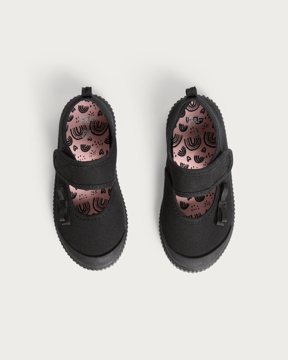 image 1 of F&F School Girls Bow Detail Mary Jane Plimsolls in Black