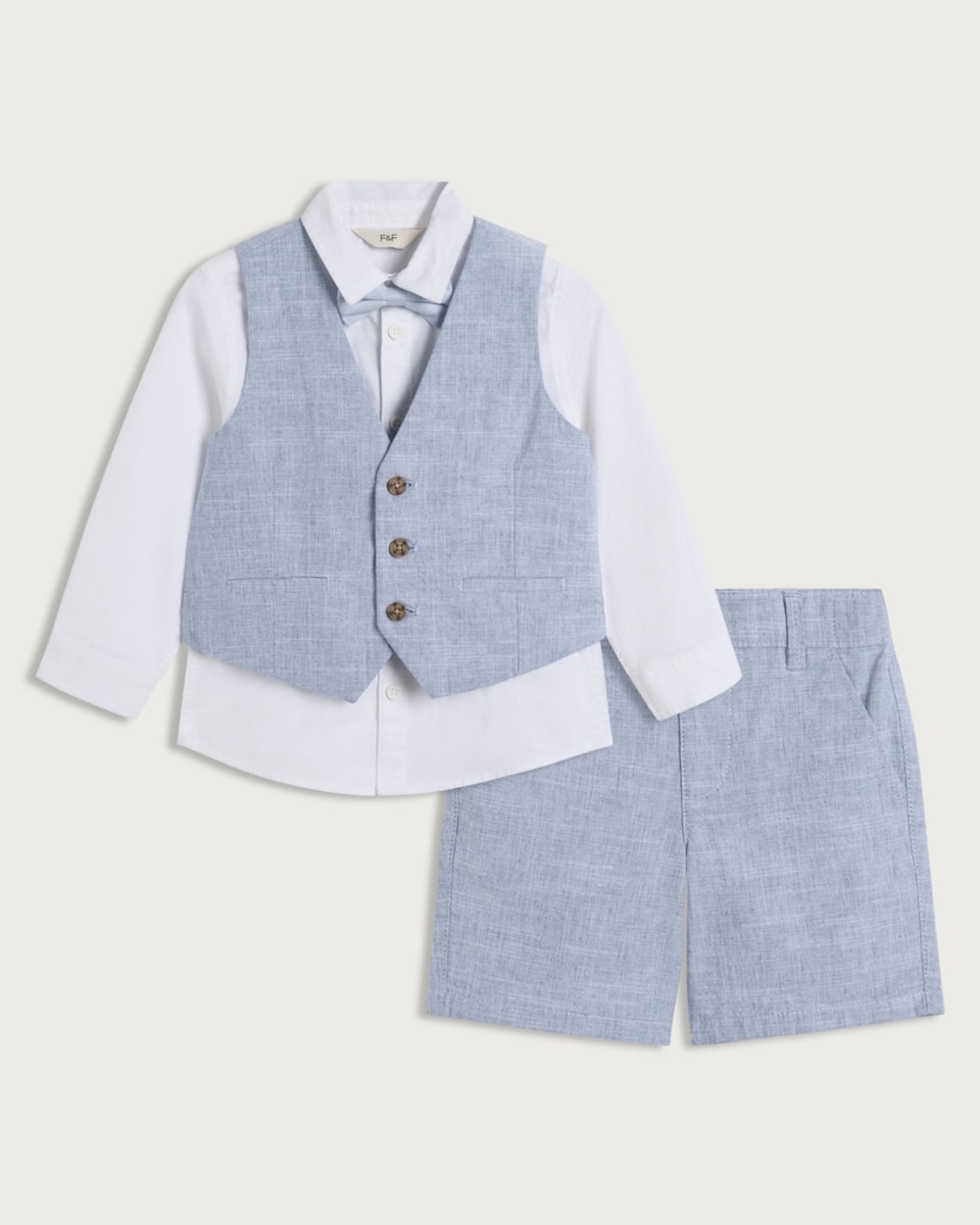 image 1 of F&F Boys 3-Piece Pure Cotton Waistcoat, Shirt and Shorts Set in Blue