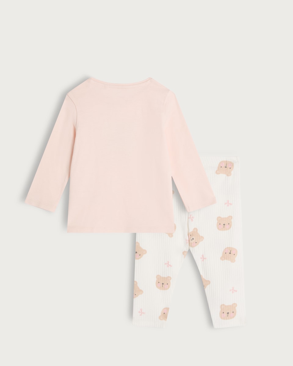 image 1 of F&F Baby 2-Piece Cotton Rich Bear Hug Club Top and Legging Set in Pink