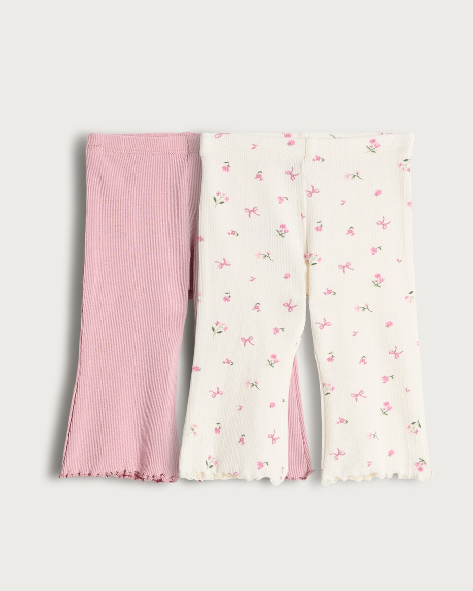 image 1 of F&F Baby 2-Pack Cotton Rich Ribbed Floral Flared Leggings in Cream