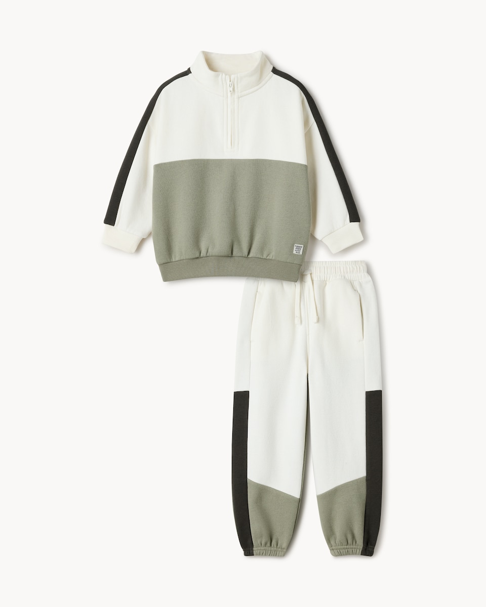 image 1 of F&F Boys Cotton Rich Colour Block Half Zip Sweatshirt and Joggers Set in Green