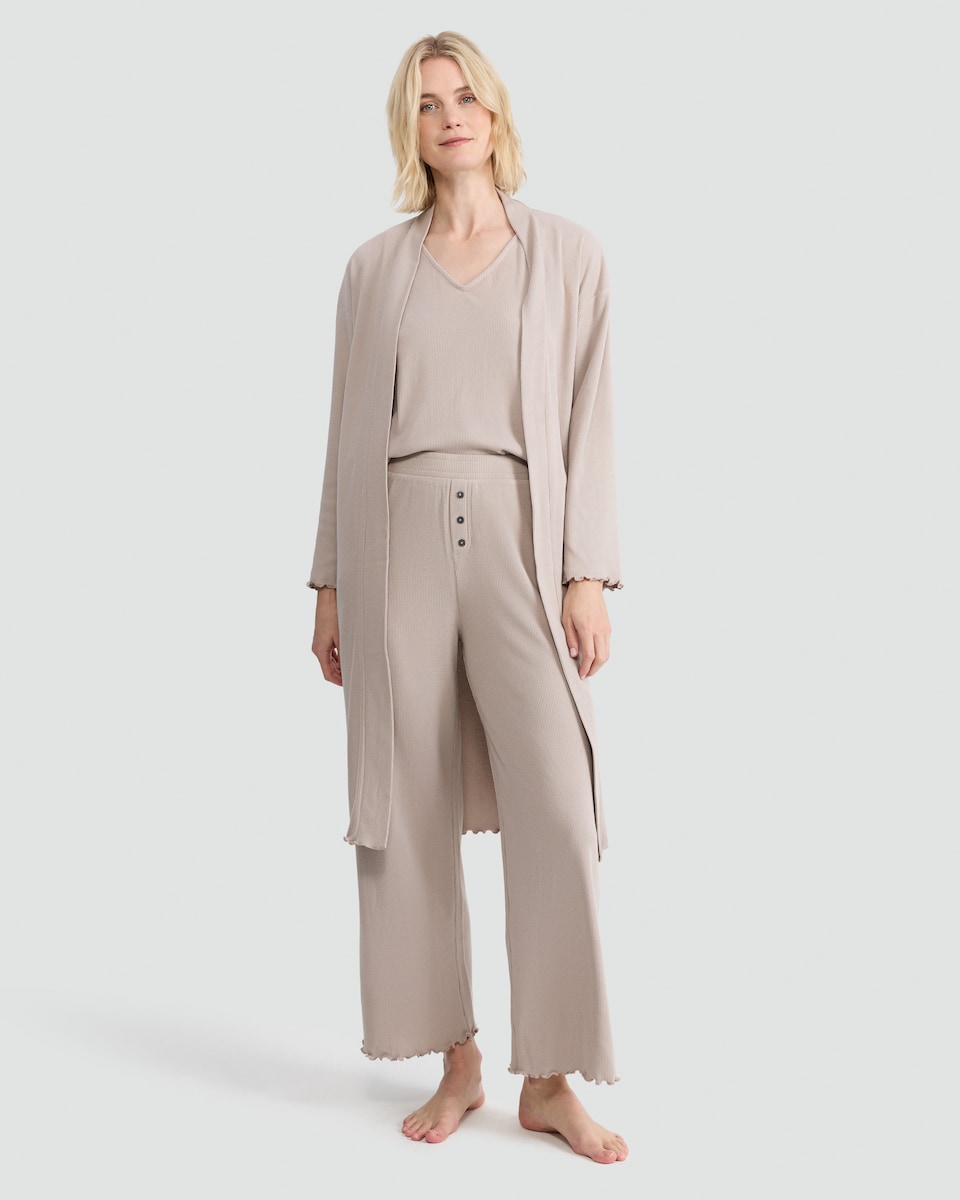 image 1 of F&F 3-Piece Waffle Textured Vest, Trousers and Cardigan Pyjama Set in Neutral