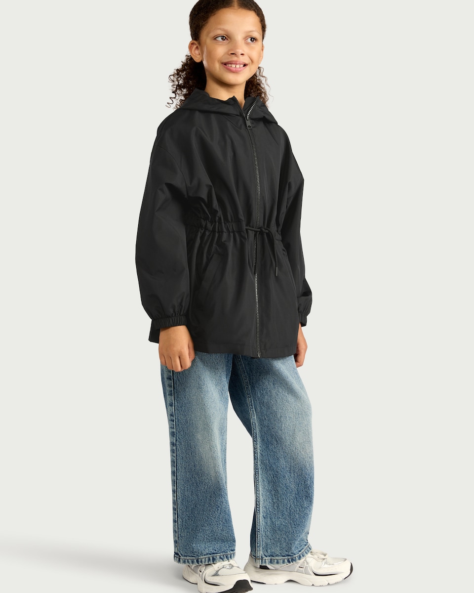 image 1 of F&F Girls Cinched Waist Hooded Raincoat in Black