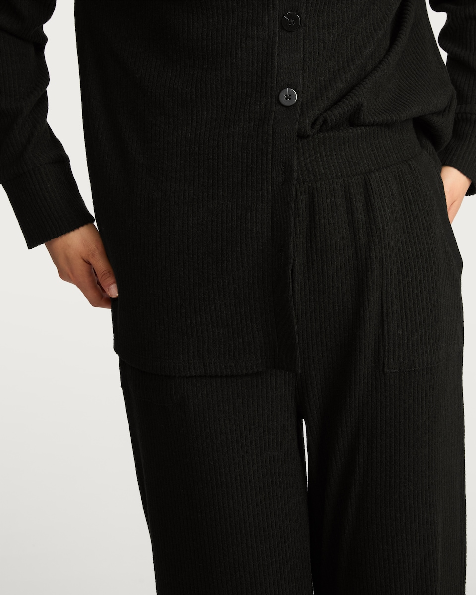 image 1 of F&F Ribbed Revere Button Up Pyjama Set in Black