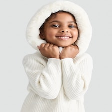 F&F Girls Knitted Ribbed Faux Fur Hoodie and Trousers Set in Cream