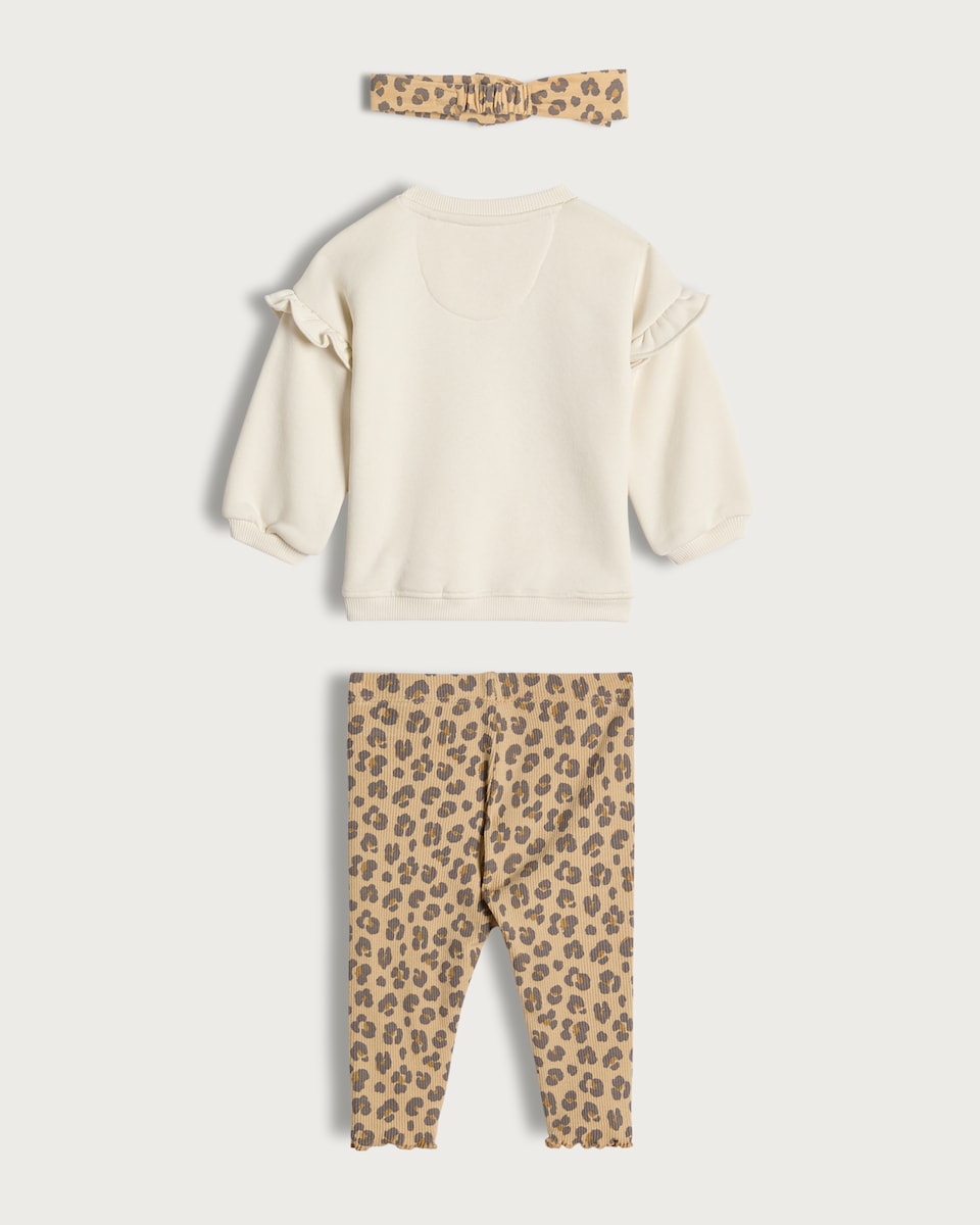image 1 of F&F Baby 3-Piece Cotton Rich Leopard Print Sweatshirt, Legging and Headband Set in Sand