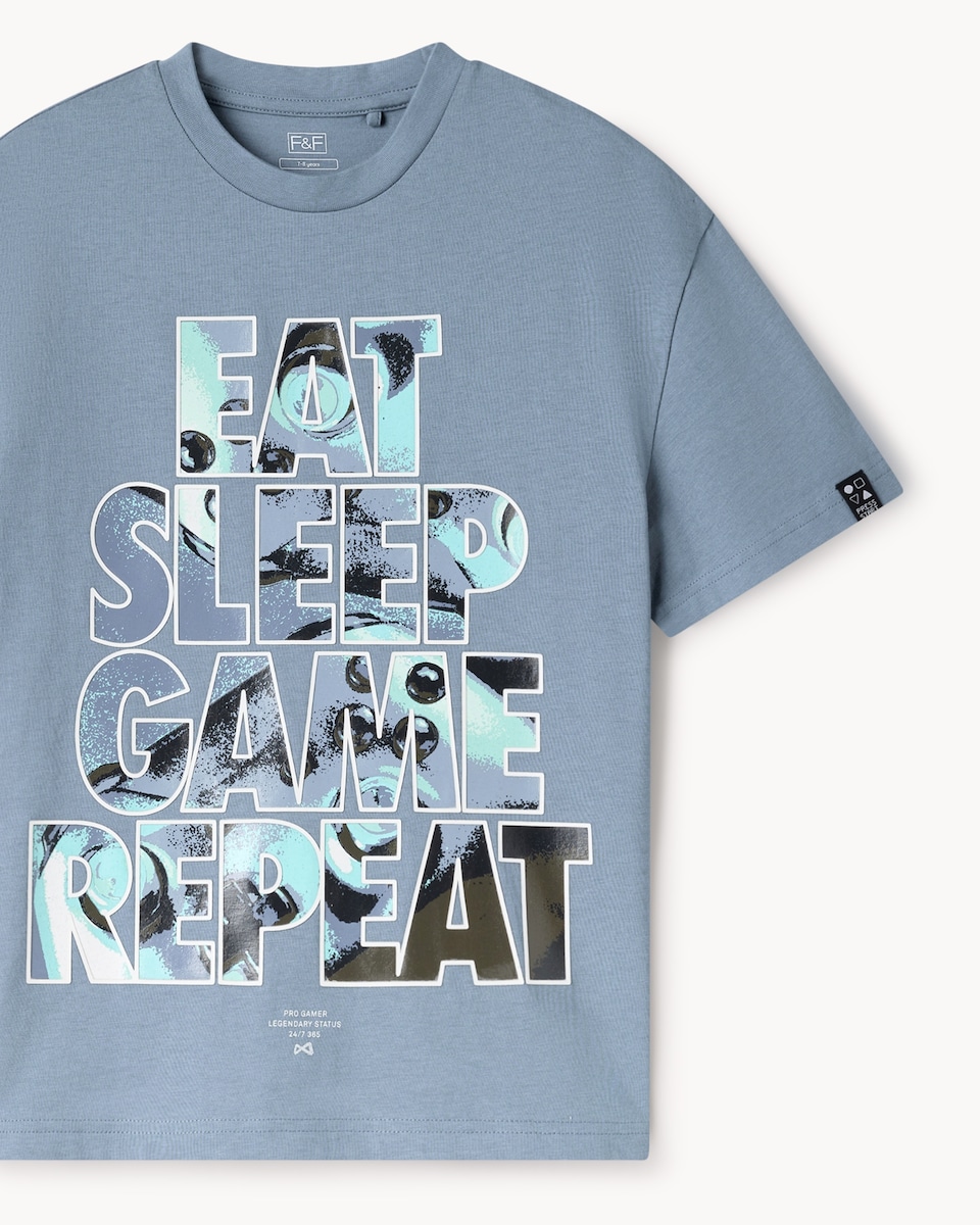 image 1 of F&F Boys Pure Cotton Slogan T-Shirt in Blue