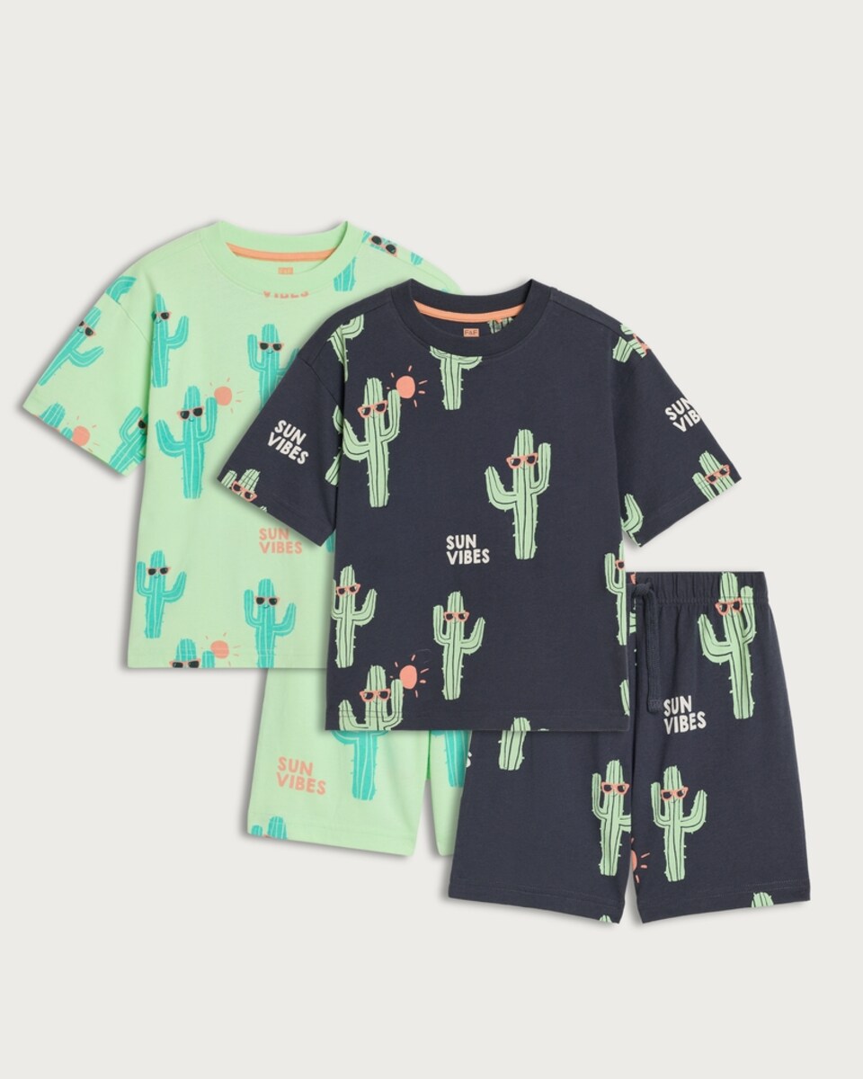 F&F Boys 2-Pack Pure Cotton Cactus Print Pyjama Sets in Green