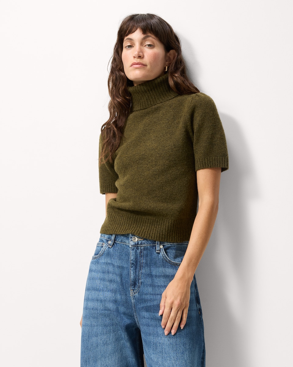 image 1 of F&F Roll Neck Puff Sleeved Jumper with Wool in Olive