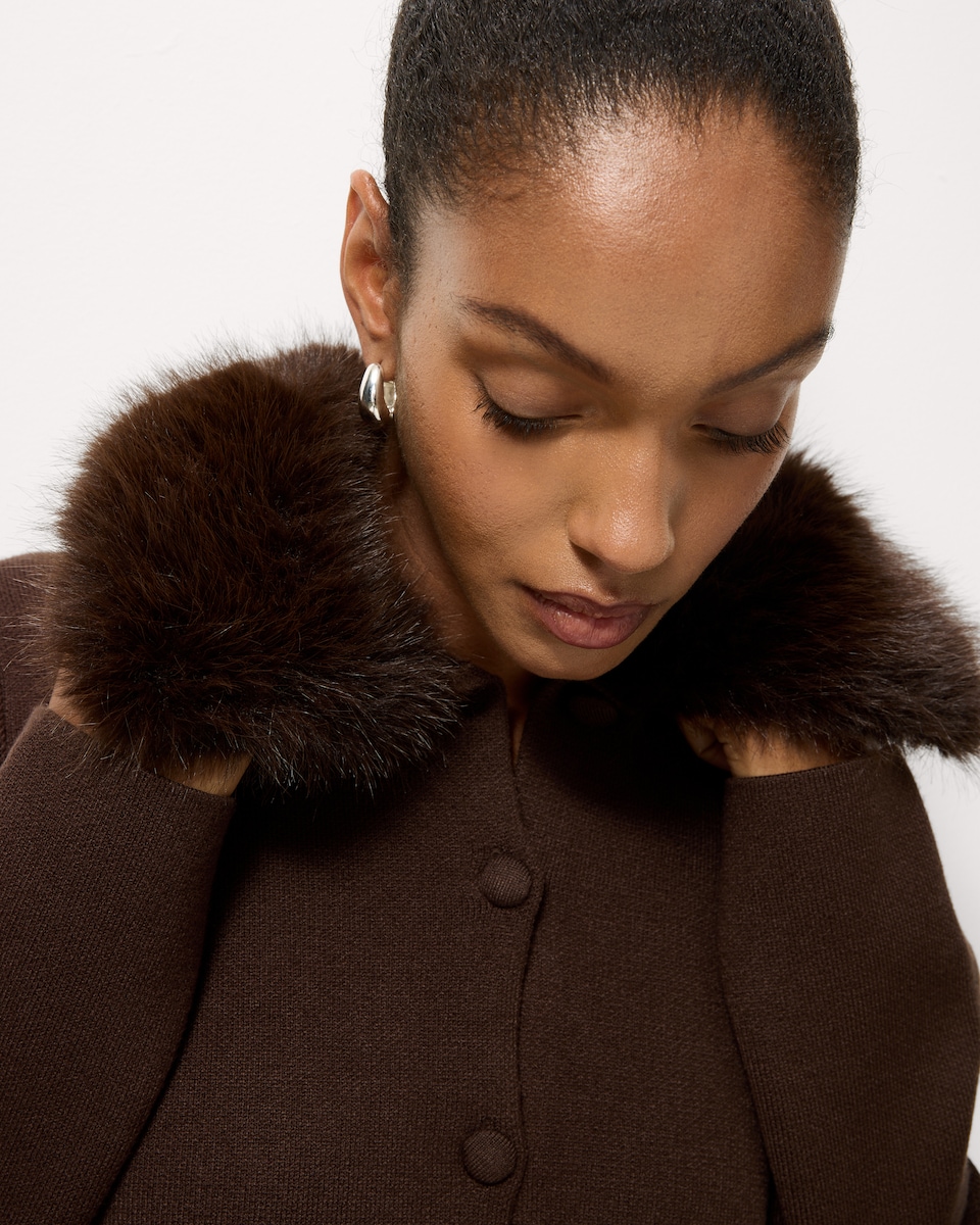 image 1 of F&F Faux Fur Collared Cardigan in Chocolate
