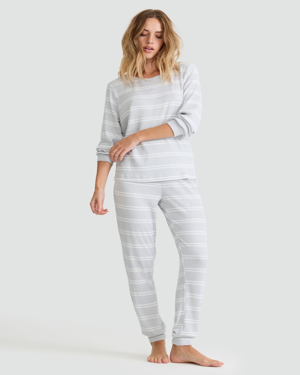 image 1 of F&F Ribbed Stripe Print Long Sleeved Top and Joggers Pyjamas in Grey