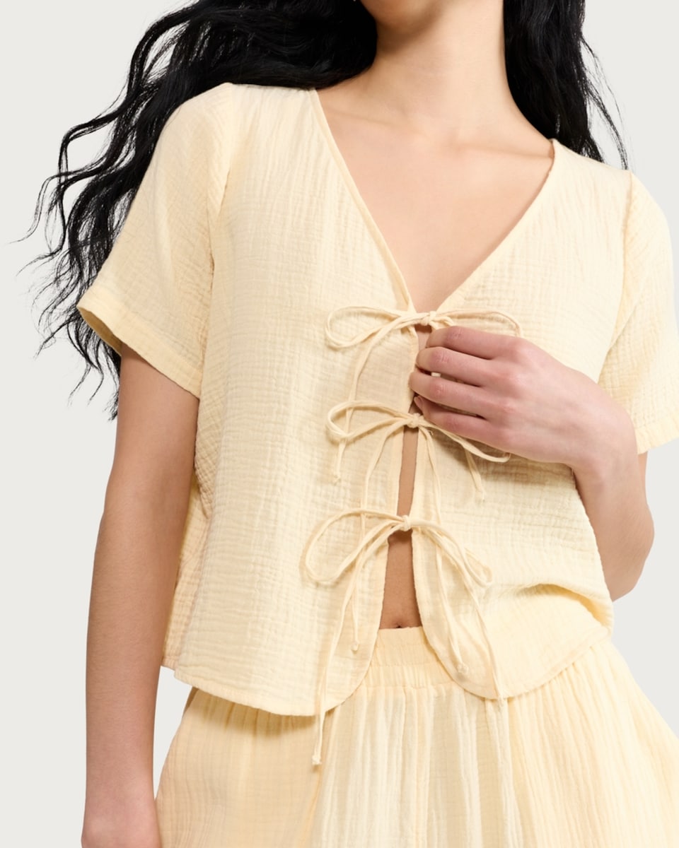 image 1 of F&F Pure Cotton Double Cloth Tie Front Pyjama Set in Yellow