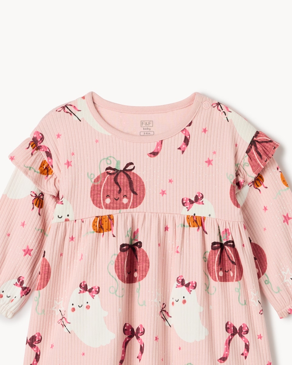 image 1 of F&F Baby Cotton Rich Ribbed Halloween Dress in Pink