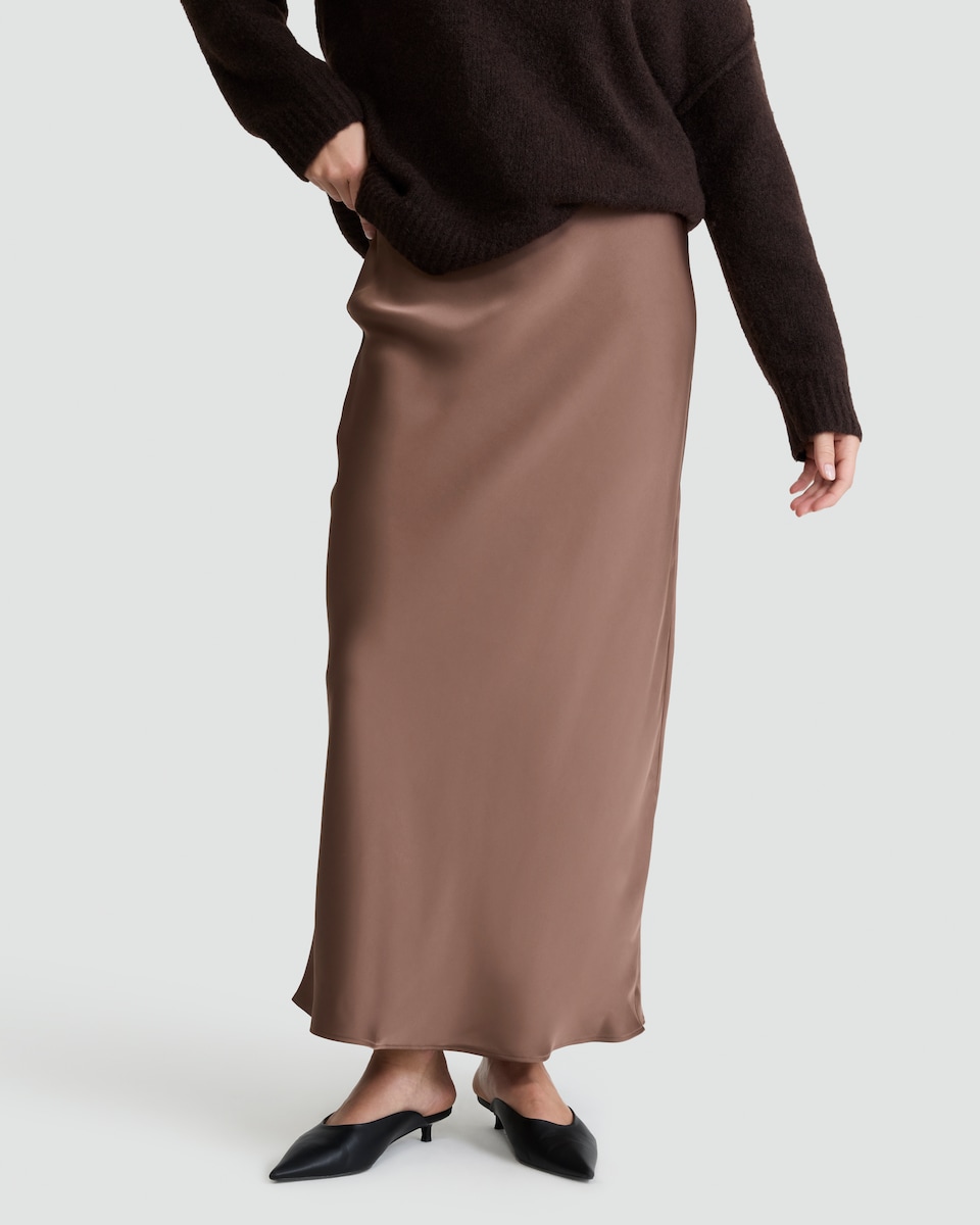 image 1 of F&F Satin Slip Midi Skirt in Brown