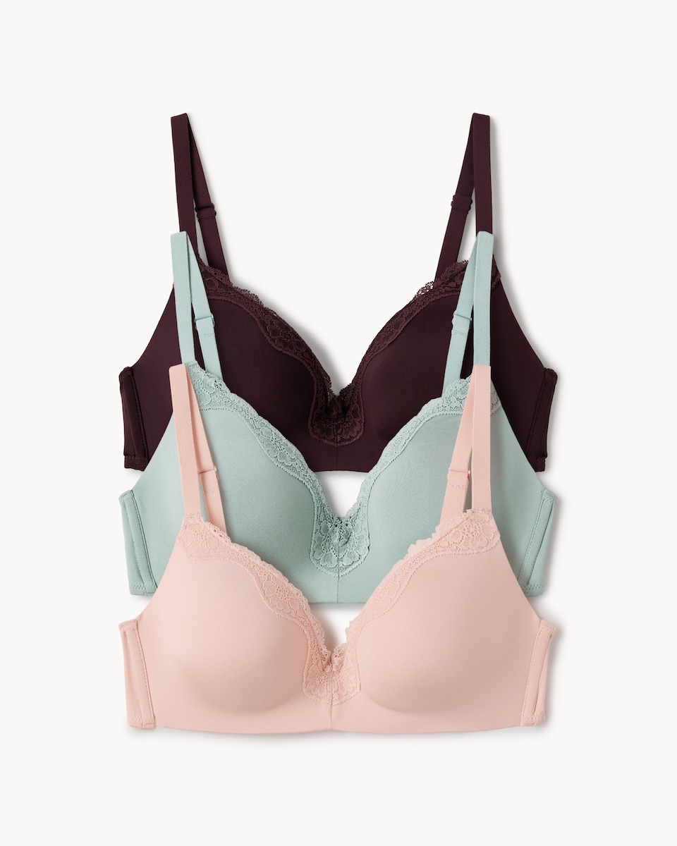image 1 of F&F 3-Pack Lace Trim Non Wired Padded Bras in Multi