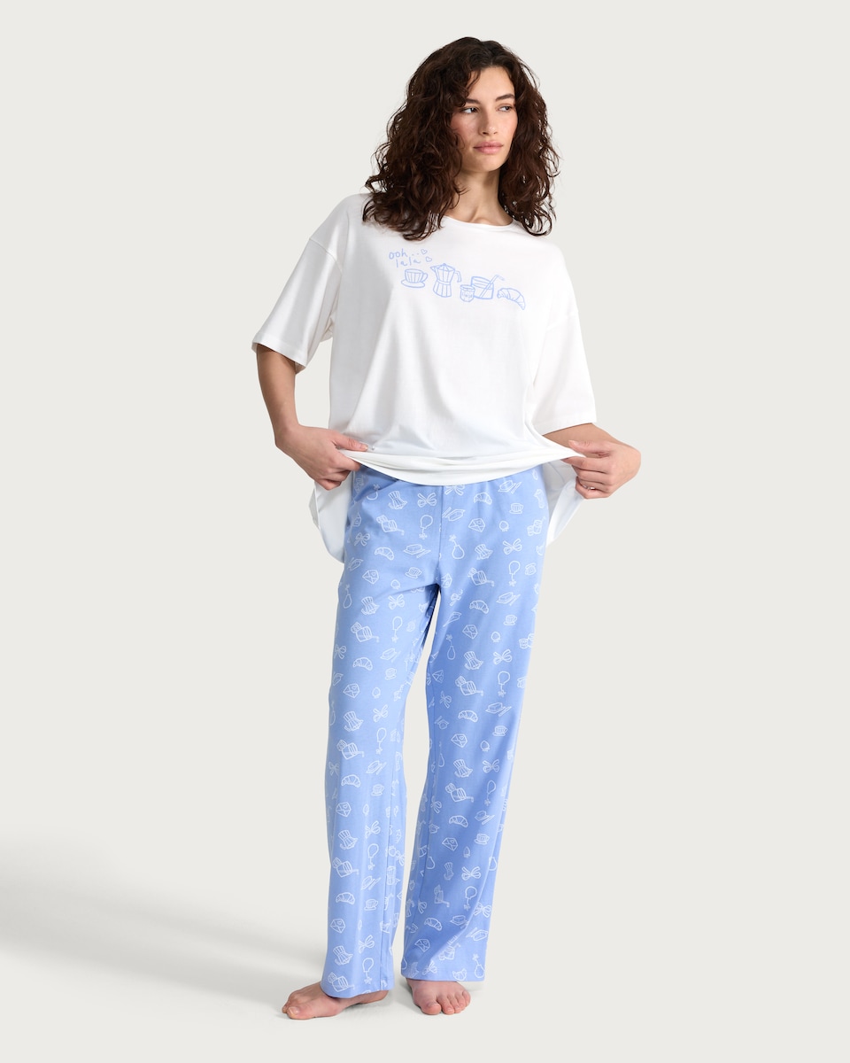 image 1 of F&F Pure Cotton Breakfast Print Pyjama T-Shirt in White