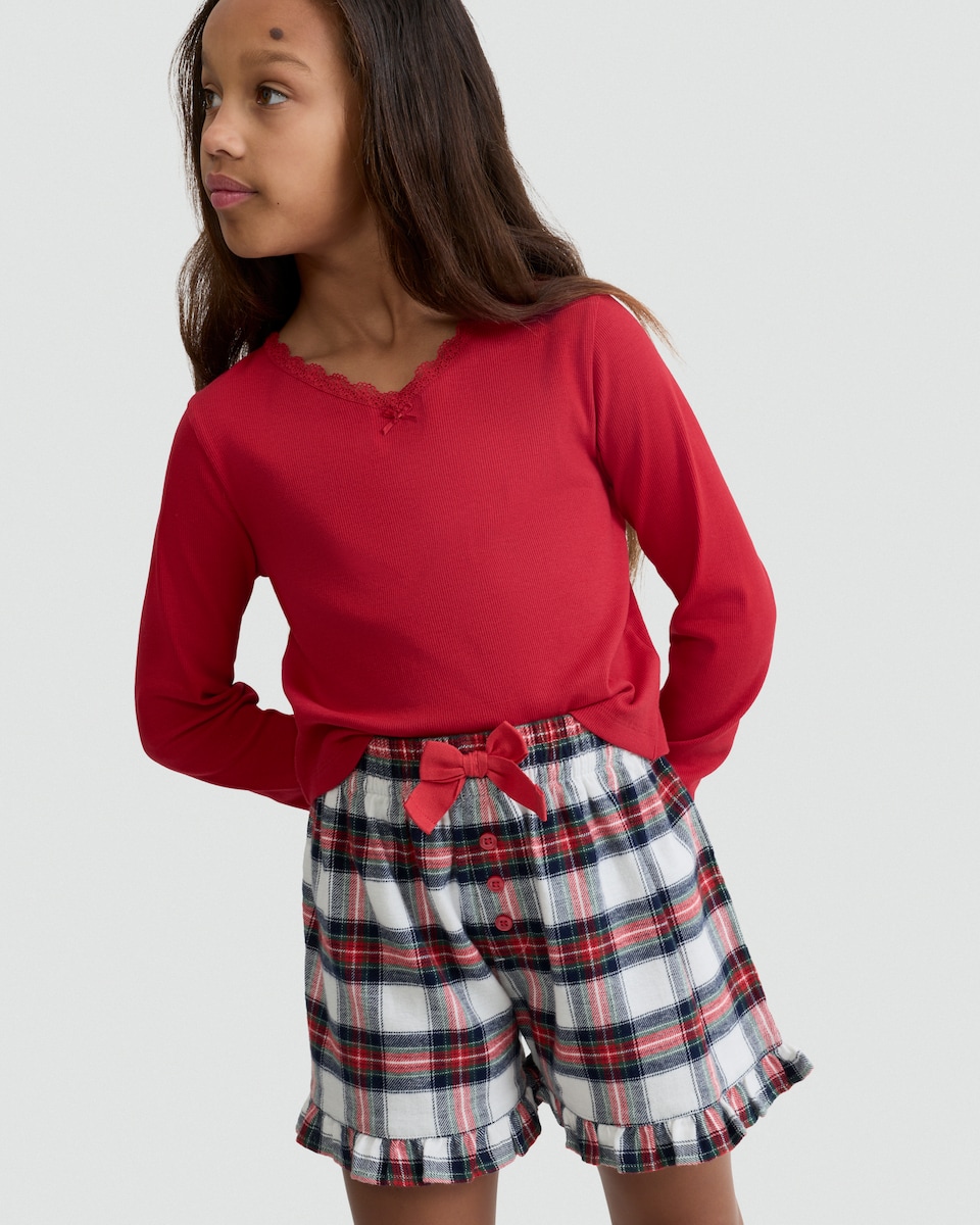 image 1 of F&F Girls Lace Trim Top and Check Print Shorts Pyjamas in Red Multi