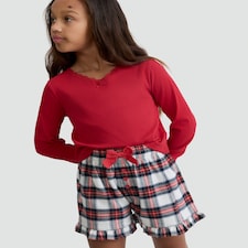 F&F Girls Lace Trim Top and Check Print Shorts Pyjamas in Red Multi