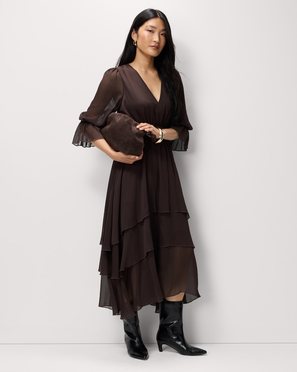 image 1 of F&F Chiffon Tiered Midi Dress in Chocolate