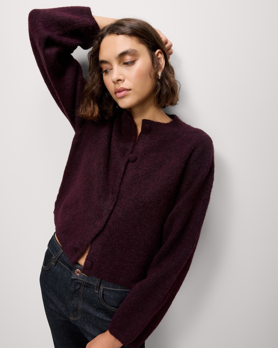 image 1 of F&F Crew Neck Cardigan in Burgundy
