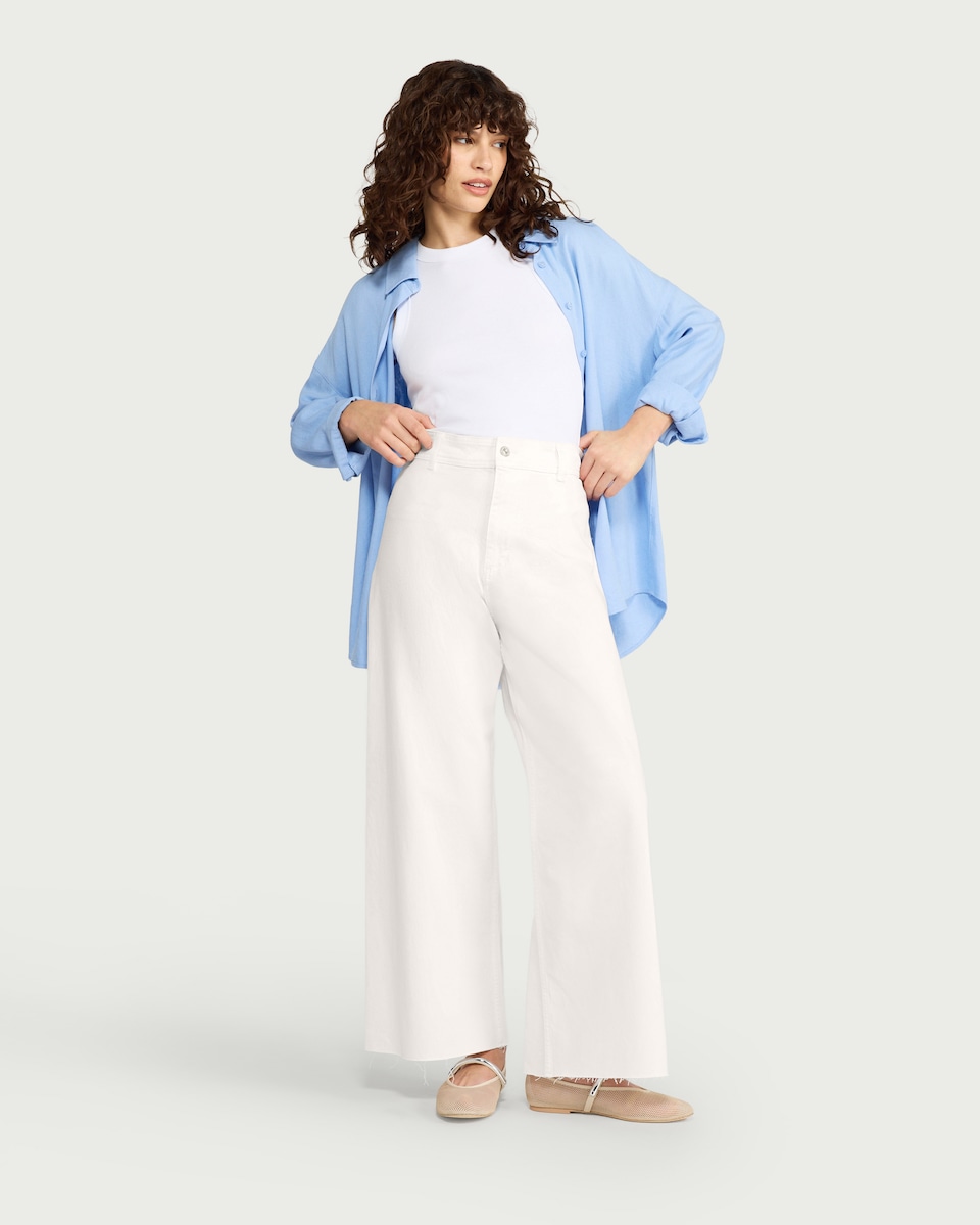image 1 of F&F High Rise Wide Leg Cropped Jeans in Ecru