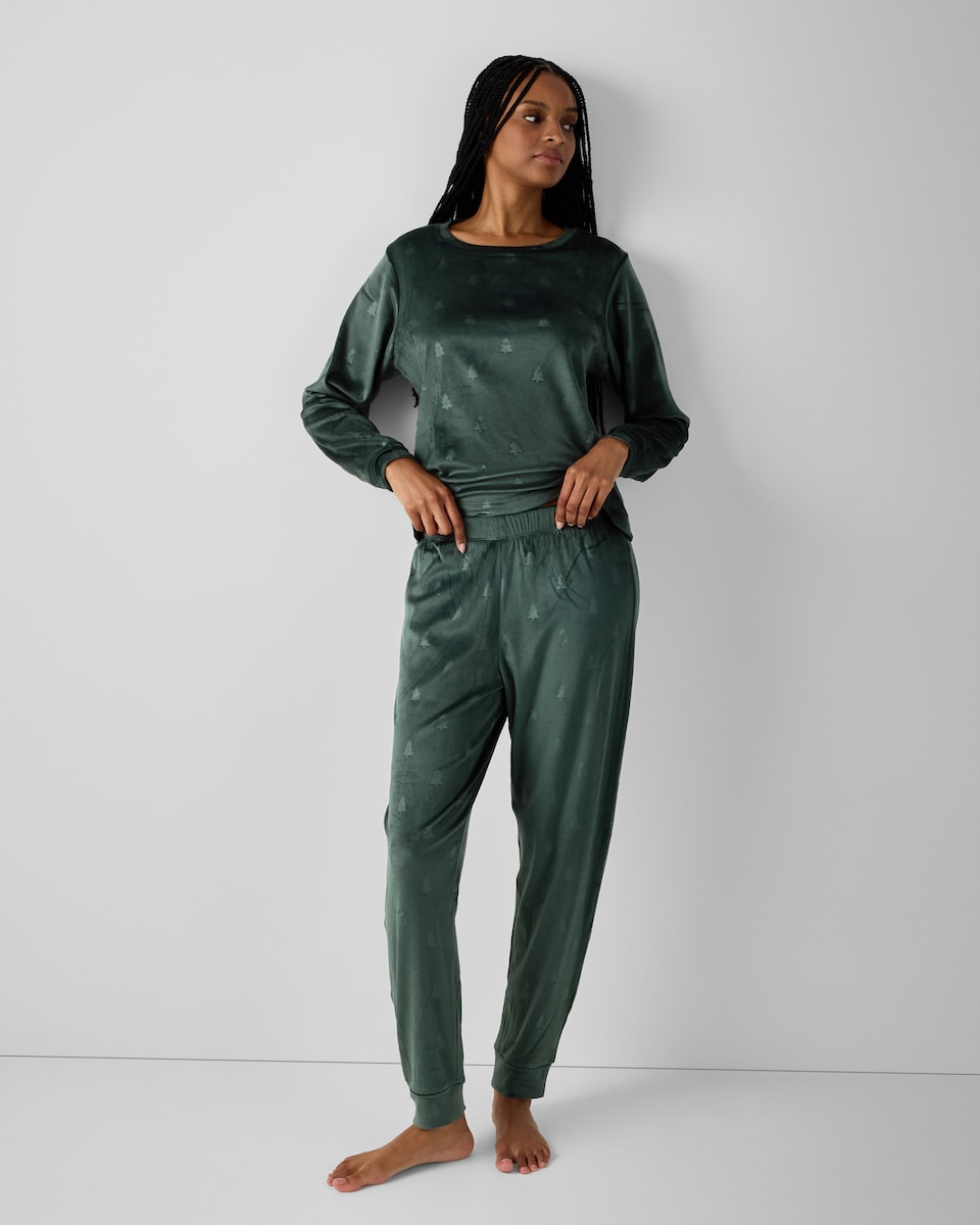 image 1 of Christmas Fleece Embossed Tree Pyjama Set in Green