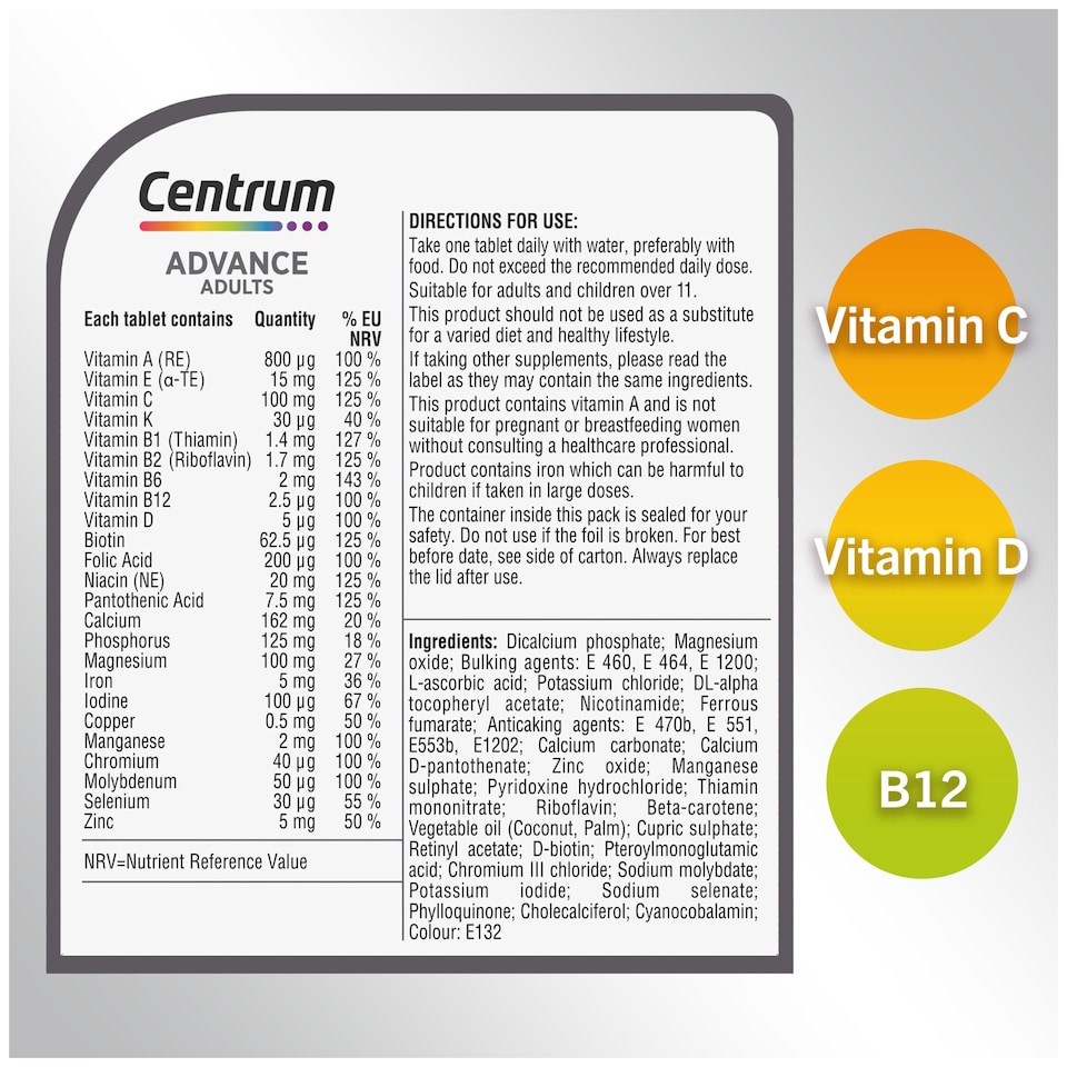 image 1 of Centrum Advance Multivitamins Tablets, Food Supplement, 100 Tablets.