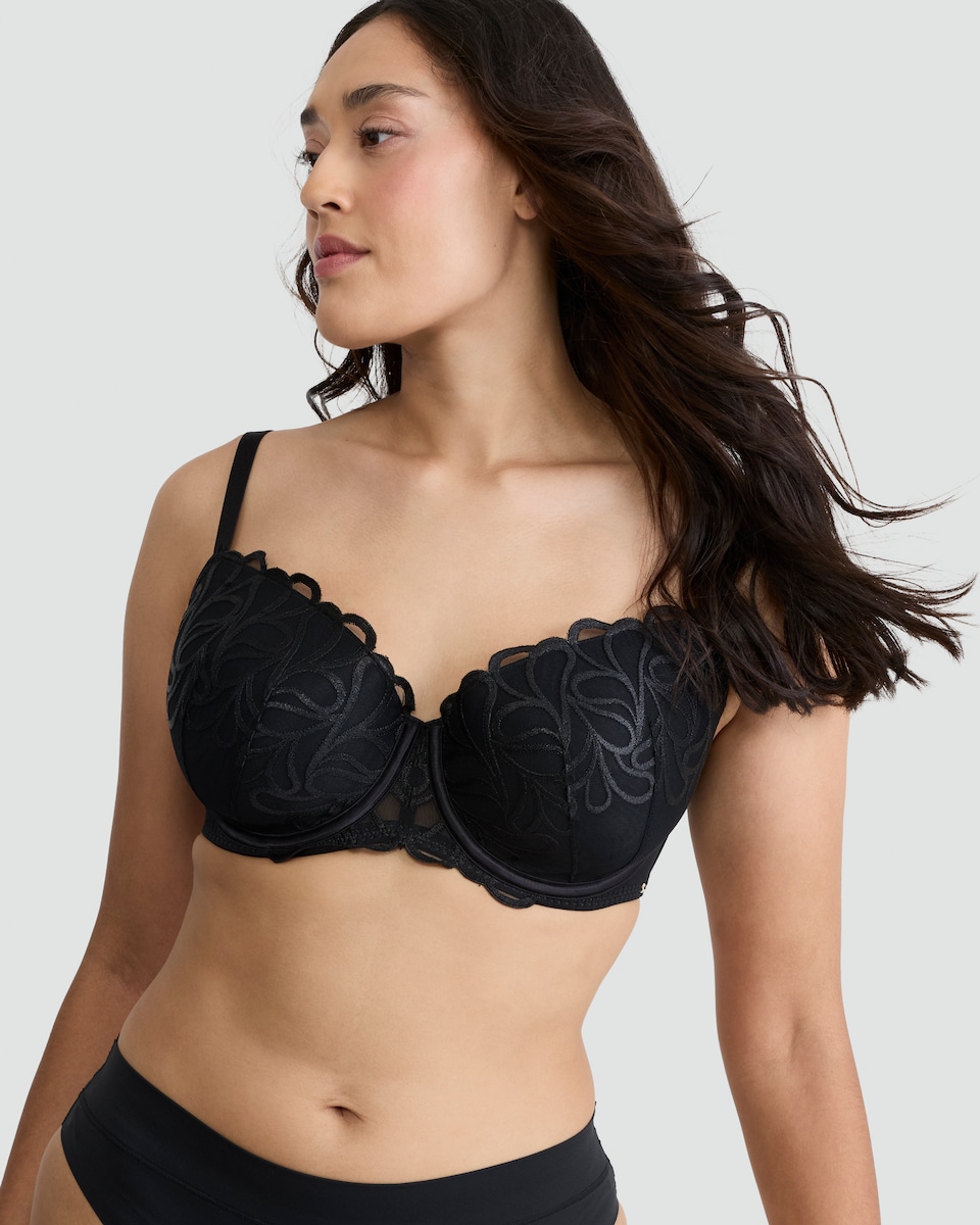 image 1 of F&F Fuller Bust Embroidered Wired Plunge Bra in Black