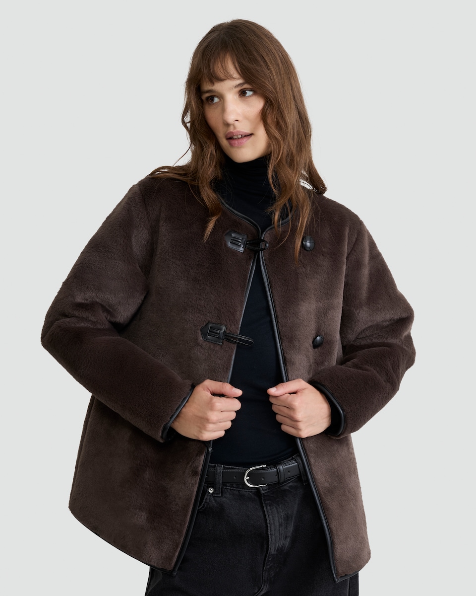 image 1 of F&F Faux Fur Toggle Coat in Brown