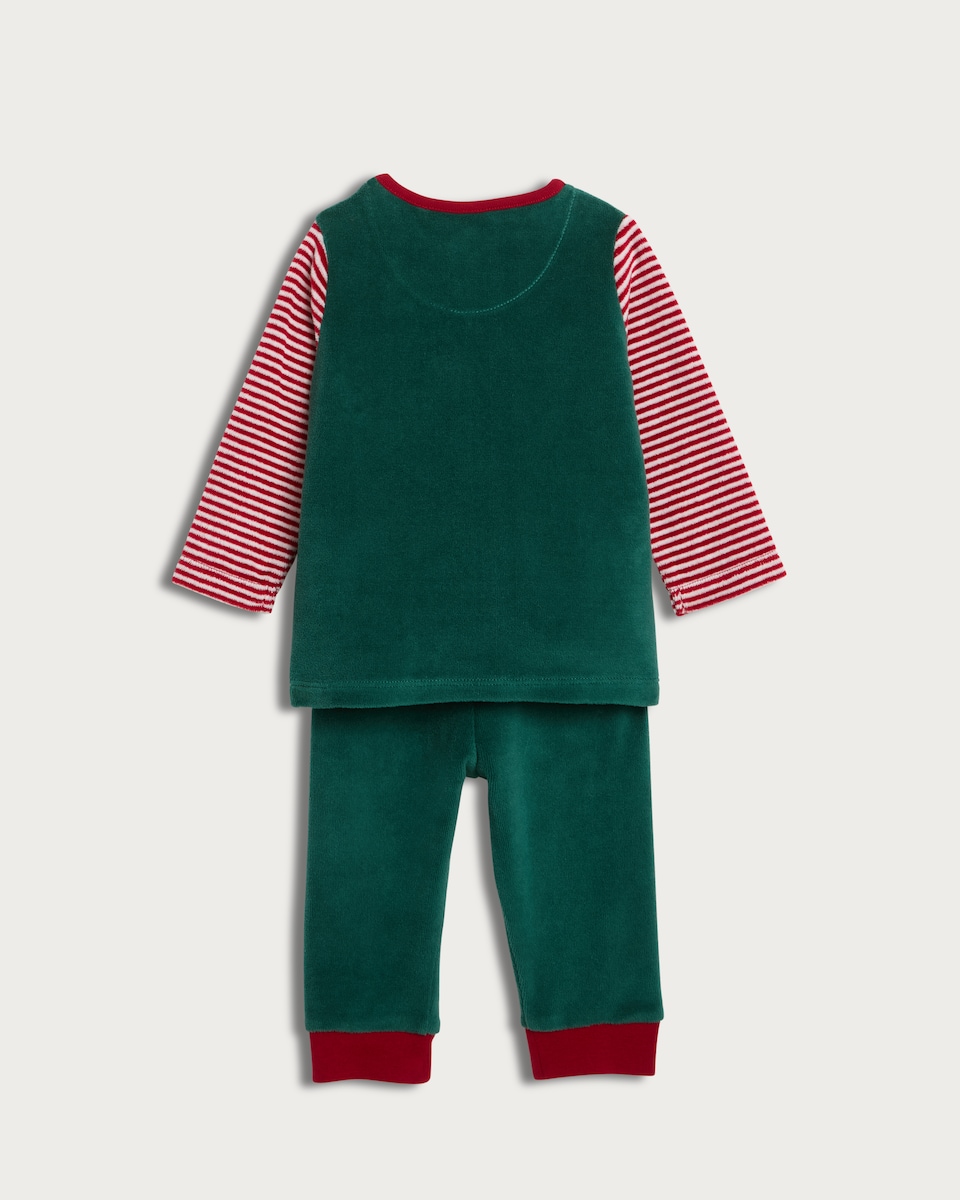 image 1 of F&F Baby 3-Piece Velour Santa's Favourite Elf Outfit in Green