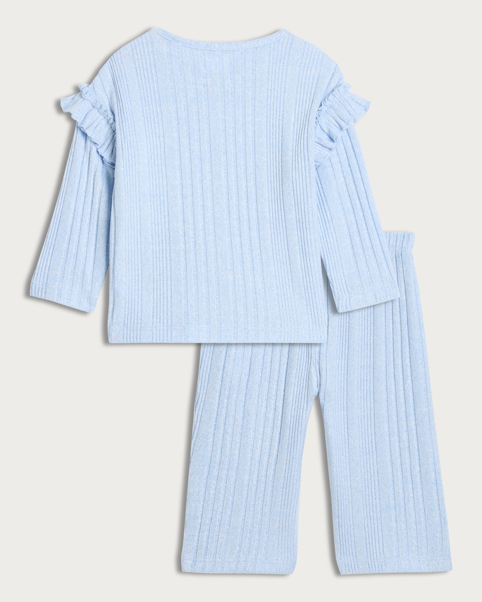 image 1 of F&F Baby Cosy Textured Ruffle Top and Trousers Set in Blue