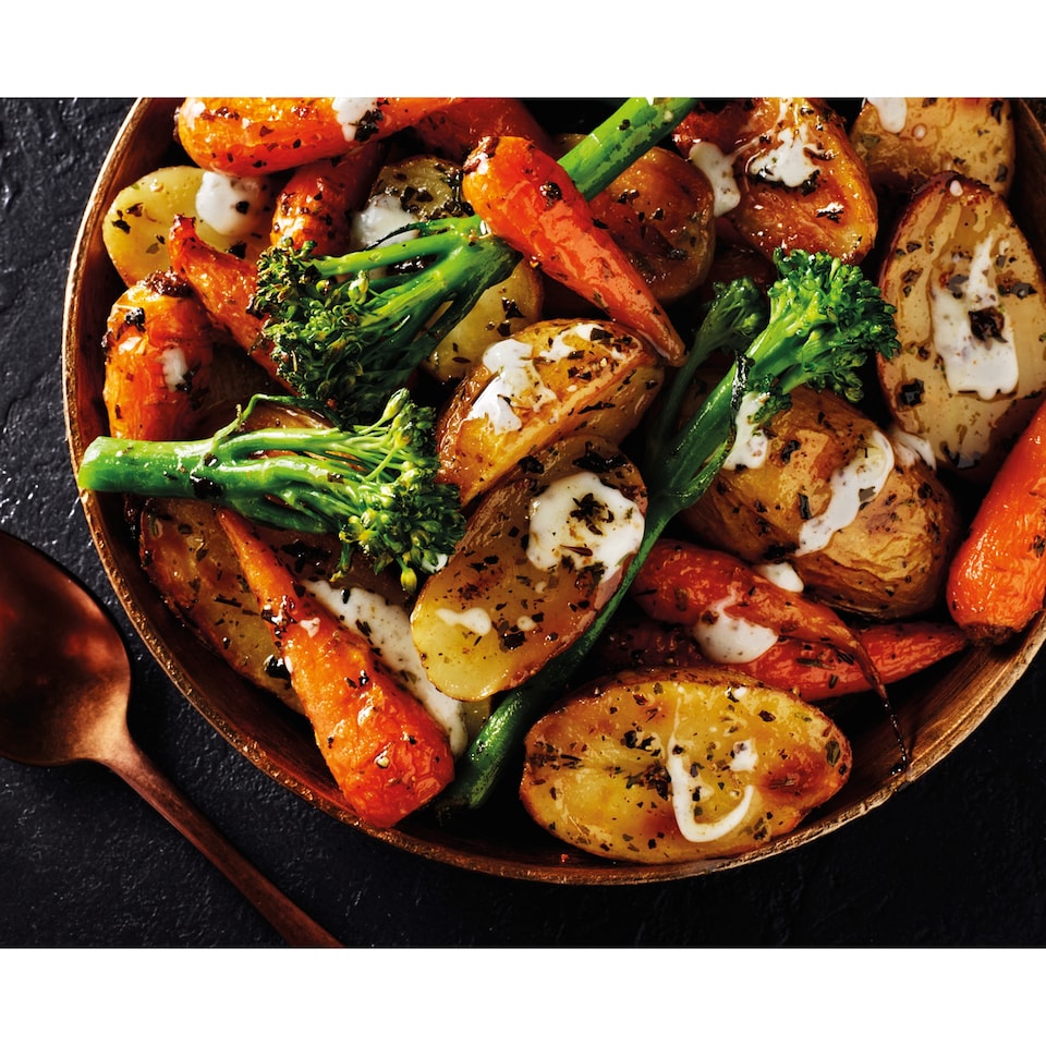 image 1 of Tesco Finest Dine In Baby Potato Traybake with Chantenay Carrots & Tenderstem Broccoli 425g