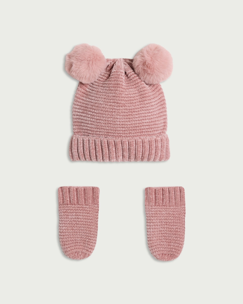 F&F Baby Knitted Pom Pom Hat and Mittens Set in Pink
