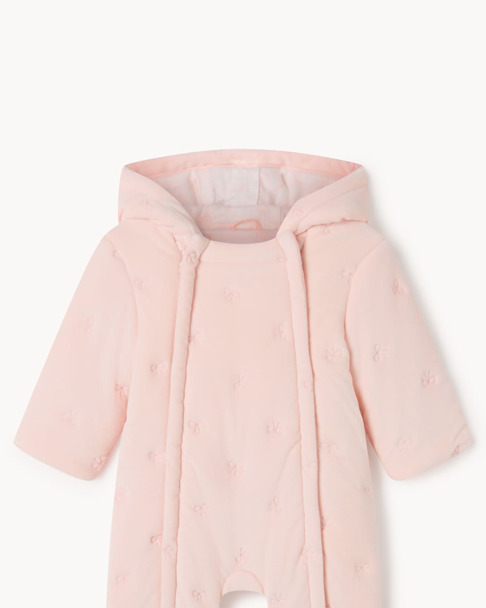 image 1 of F&F Baby Embroidered Bow Hooded Pramsuit in Pink