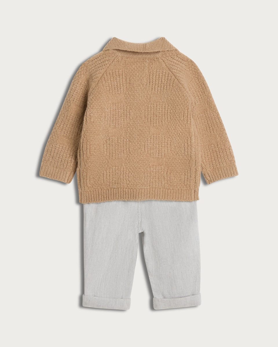 image 1 of F&F Baby 2-Piece Textured Knit Cardigan and Trousers Set in Beige