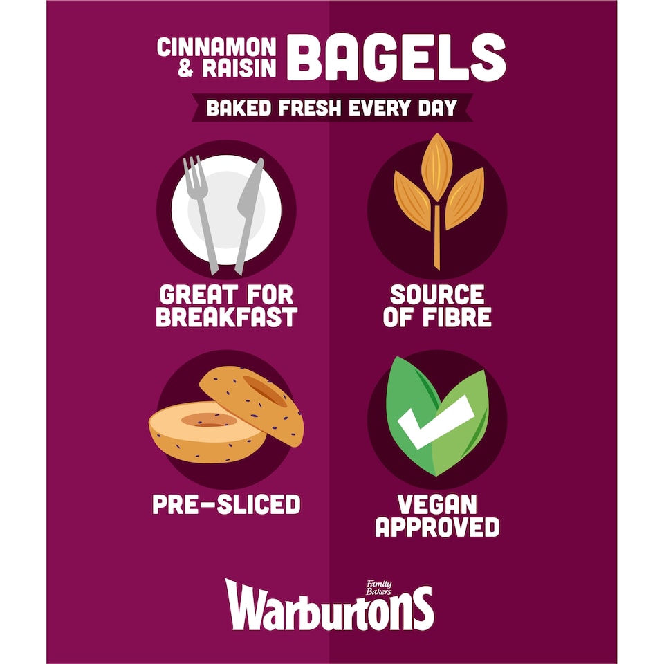 image 1 of Warburtons Cinnamon & Raisin Bagels Sliced 5 Pack