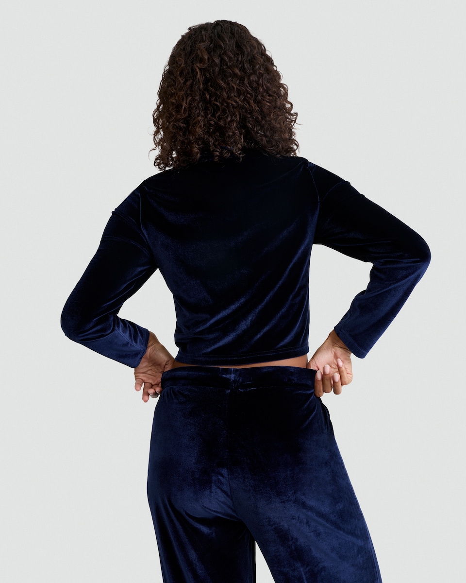 image 1 of OH ME OH MY Velvet Cropped Button Up Cardigan in Navy