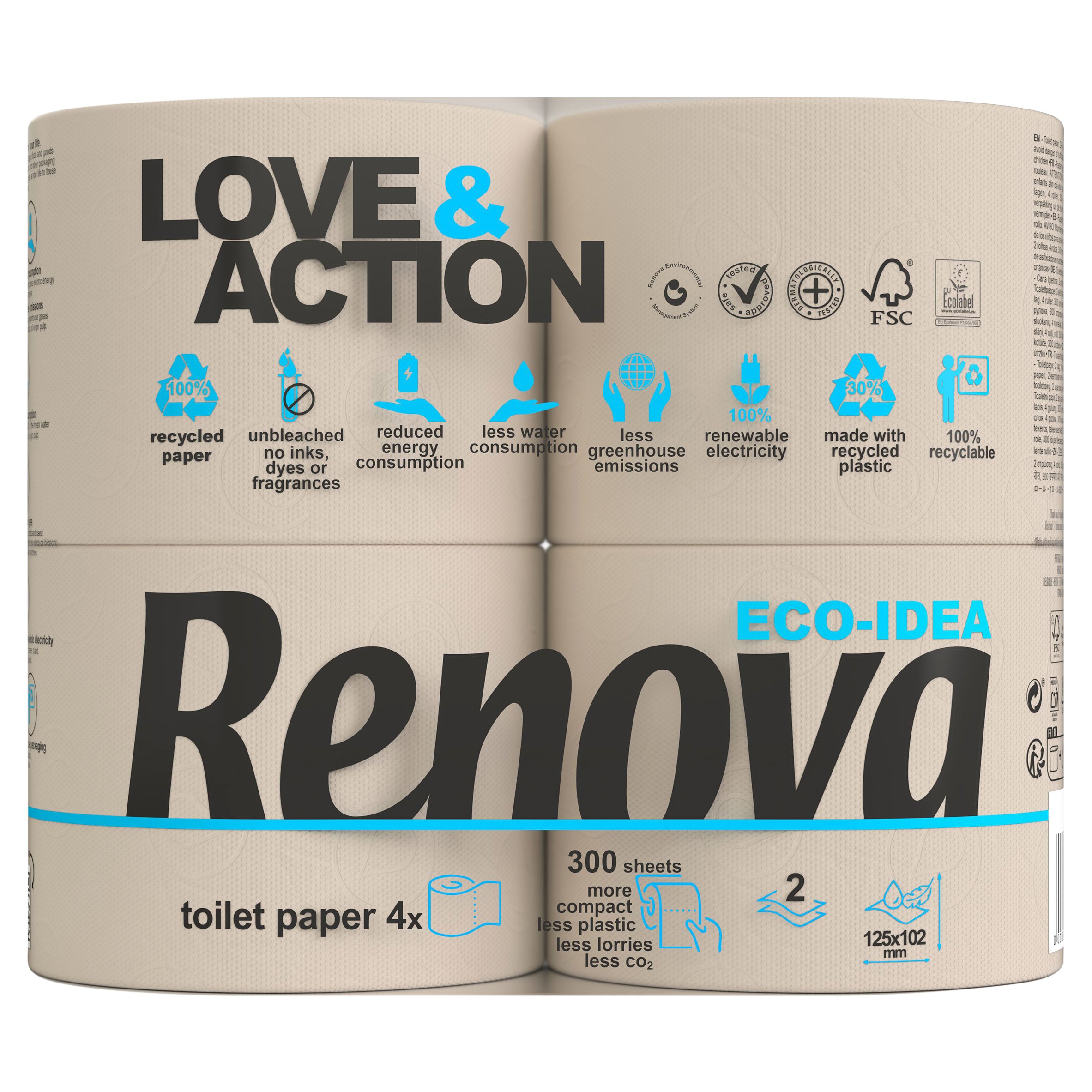 Renova Tovaglioli Di Carta Love & Action – 90 Pezzi, 2 Veli, 22x22 Cm, Ecologici