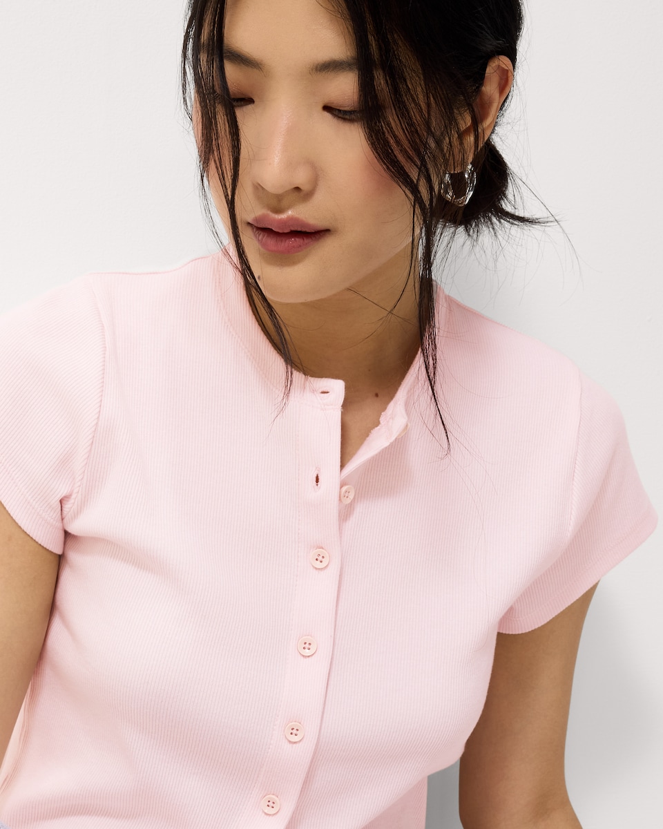 image 1 of F&F Cotton Rich Ribbed Button Up Top in Pink